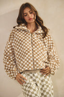 LovLov Fuzzy Fleece Checkered Jacket in Mocha
