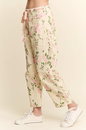 J.nna Floral Print Utility Crop Barrel Pants in Beige Pink