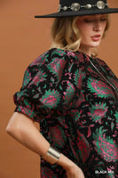 Umgee Metallic Floral Jacquard Puff Sleeve Shift Dress in Black