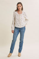 In February Floral Cotton Gauze Blouse in Dusty Blue