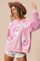 BiBi Santa Beard Patched Mineral Washed Top with Velvet Sequin Sleeves in Pink
