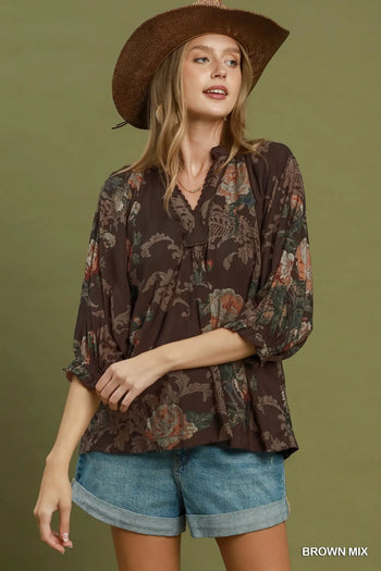 Umgee Floral Ruffle Neck Blouse in Brown Mix