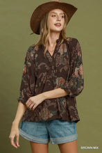 Load image into Gallery viewer, Umgee Floral Ruffle Neck Blouse in Brown Mix
