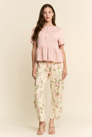 J.nna Floral Print Utility Crop Barrel Pants in Beige Pink