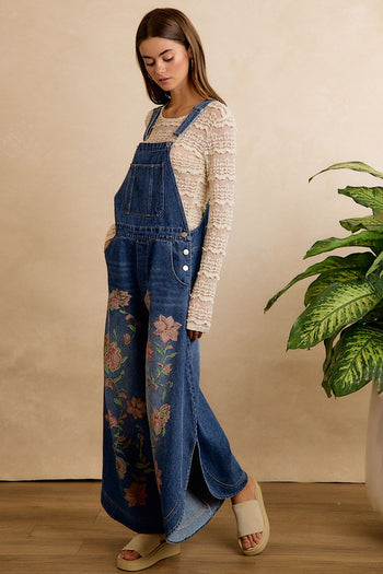 BiBi Floral Patchwork Denim Overalls in Washed Denim