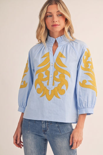 Jodifl Baroque Applique Detail Top in Mustard/Blue
