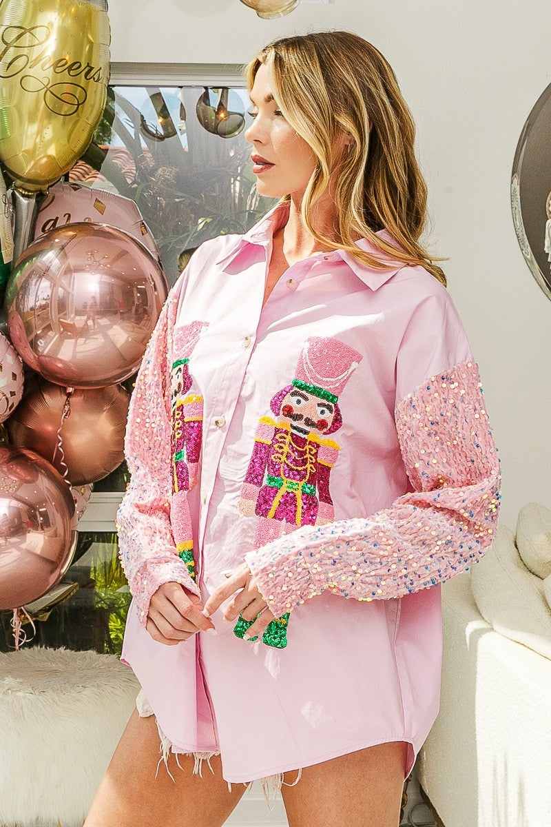 BiBi Button Up Shirt with Large Sequin Nutcrackers and Velvet