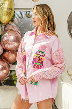 Load image into Gallery viewer, BiBi Button Up Shirt with Large Sequin Nutcrackers and Velvet Sequin Sleeves in Pink
