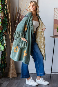 Oli & Hali OVERSIZED Flower Patched Open Front Cardigan in Sage