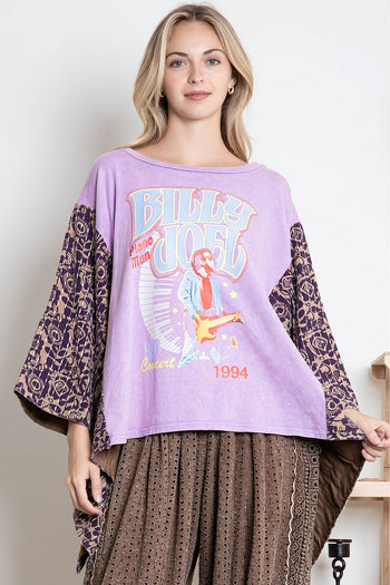 BlueVelvet Billy Joel Print Top with Mixed Print Sewn Poncho Sleeves in Lavender