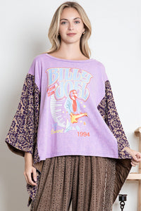 BlueVelvet Billy Joel Print Top with Mixed Print Sewn Poncho Sleeves in Lavender