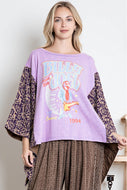 BlueVelvet Billy Joel Print Top with Mixed Print Sewn Poncho Sleeves in Lavender FINAL SALE