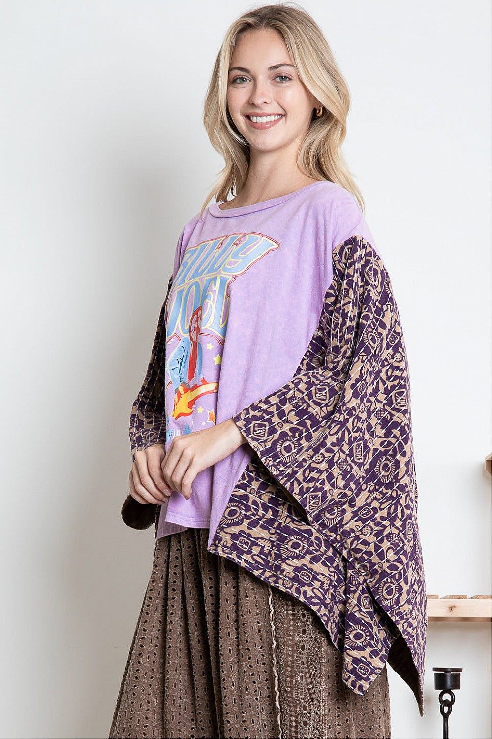 BlueVelvet Billy Joel Print Top with Mixed Print Sewn Poncho