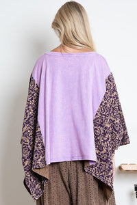 BlueVelvet Billy Joel Print Top with Mixed Print Sewn Poncho Sleeves in Lavender