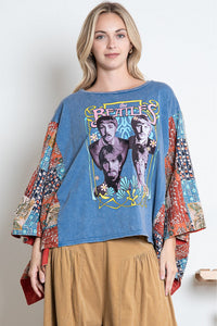 BlueVelvet The Beatles Print Top with Mixed Print Sewn Poncho Sleeves in Dusty Blue