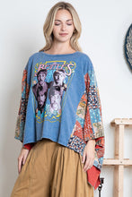 Load image into Gallery viewer, BlueVelvet The Beatles Print Top with Mixed Print Sewn Poncho Sleeves in Dusty Blue
