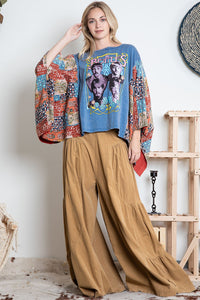 BlueVelvet The Beatles Print Top with Mixed Print Sewn Poncho Sleeves in Dusty Blue