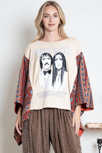 BlueVelvet Sonny & Cher Print Top with Mixed Print Sewn Poncho Sleeves in Beige