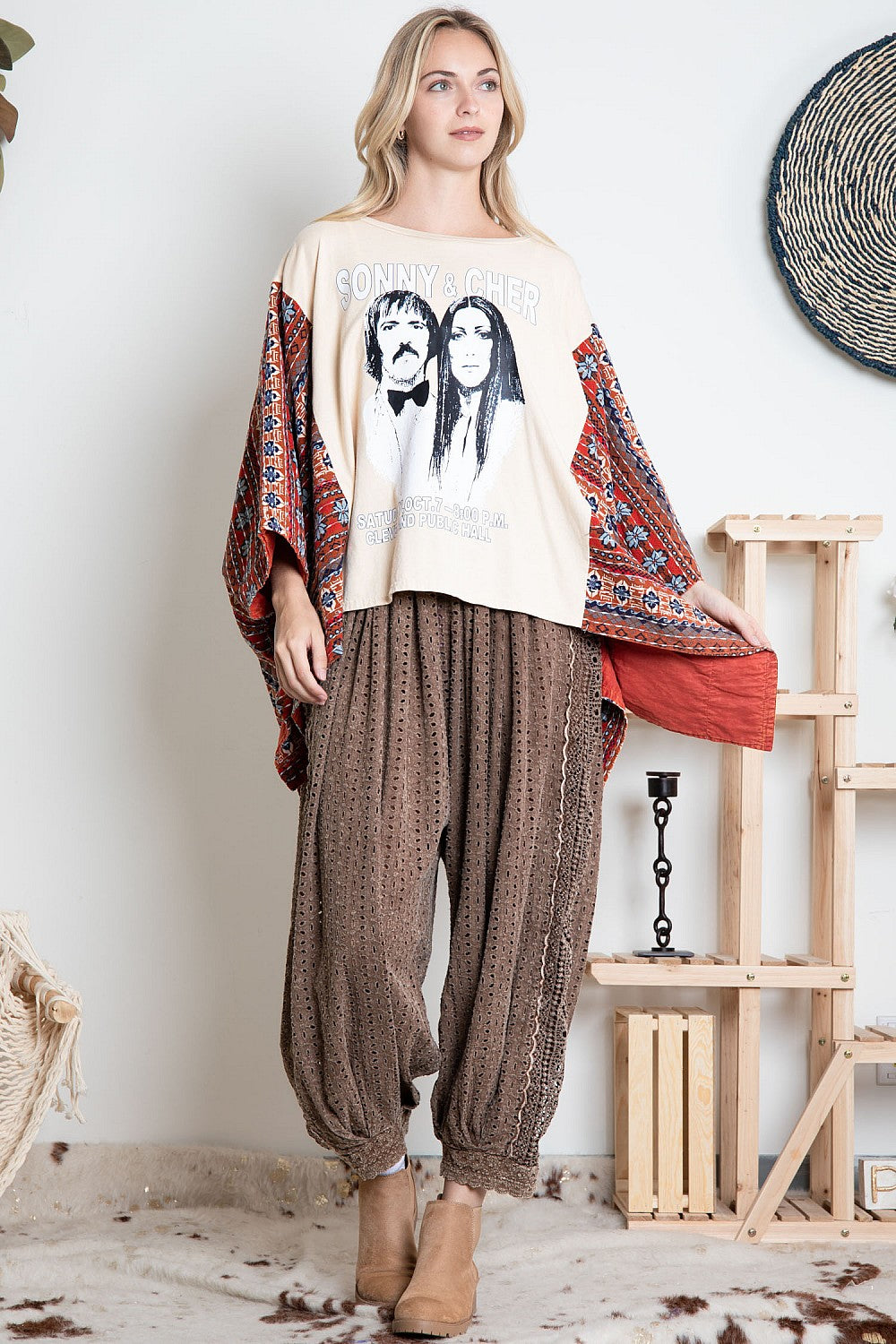 BlueVelvet Sonny & Cher Print Top with Mixed Print Sewn Poncho Sleeves in Beige