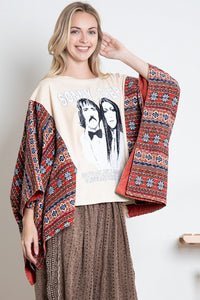 BlueVelvet Sonny & Cher Print Top with Mixed Print Sewn Poncho Sleeves in Beige