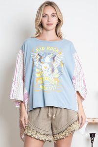 BlueVelvet Eagle Print Top with Mixed Print Sewn Poncho Sleeves in Light Blue