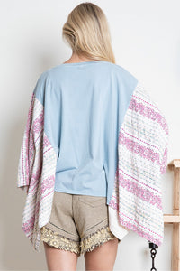 BlueVelvet Eagle Print Top with Mixed Print Sewn Poncho Sleeves in Light Blue