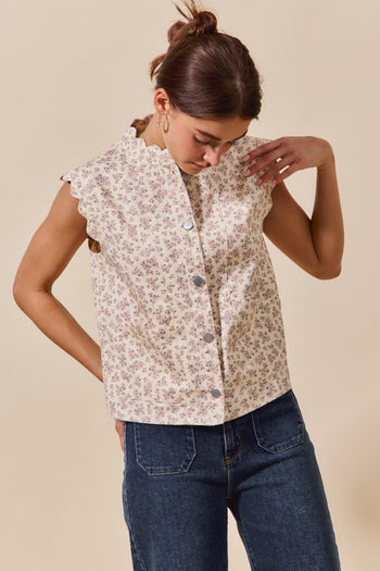 So Me Twill Floral Print Vest in Cream Multi