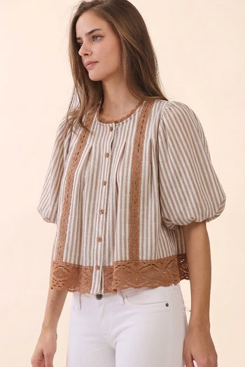 Oddi Striped Top with Lace Inset Trim in Camel Brown