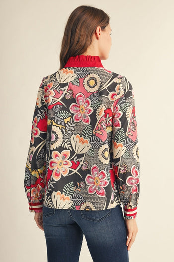 Jodifl Ruffled Neckline Button Down Boho Floral Top in Red Mix