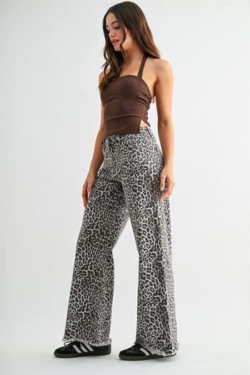 Mica Denim High Rise High-Rise Wide Leg Frayed Hem Leopard Pants in Schooner