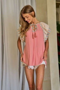 Davi & Dani Solid Color Top with Mixed Print Sleeves in Dusty Pink ON ORDER Shirts & Tops Davi & Dani   