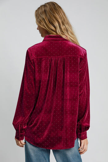 Umgee Beaded Velvet Button Down Top in Wine