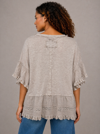 Easel Cotton Top with Gauze and Eyelet Lace Ruffles in Mushroom