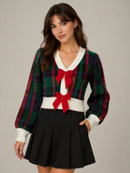 So Me Christmas Checkered Sweater Knit Cardigan with Velvet Bows in Black/Multi