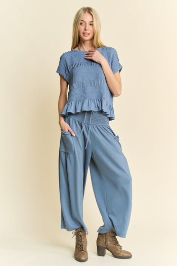 Davi & Dani Solid Color Top and Pants Set in Indigo Blue