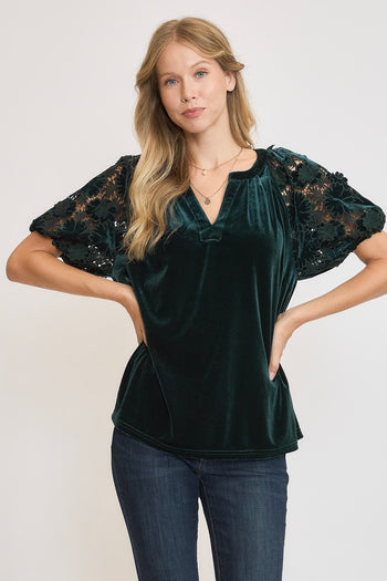 Umgee Velvet Split Neck Top with Lace Sleeves in Teal Green