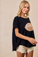 BiBi Solid Color Waffle Knit Top with Football Patch Front in Black