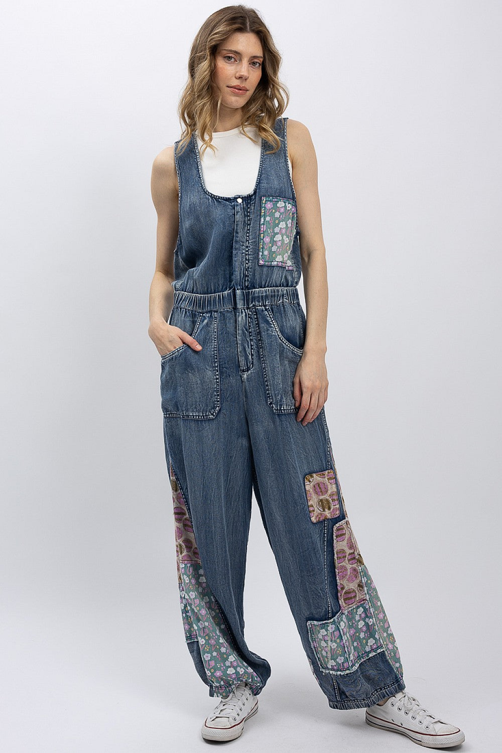 BlueVelvet Mixed Print Patchwork Romper in Denim
