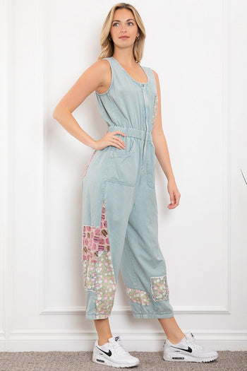 BlueVelvet Mixed Print Patchwork Romper in Dusty Sky