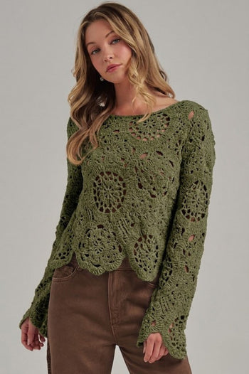 BON Chenille Knit Crochet Lace Sweater in Olive