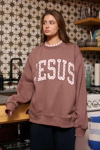 BucketList “JESUS” Heart Applique Varsity Sweatshirt in Brown