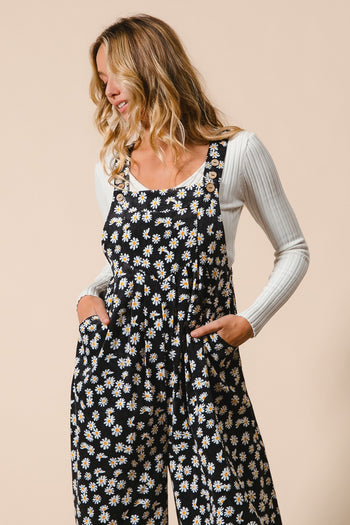 BiBi Daisy Print Textured Wide Leg Jumpsuit in Black