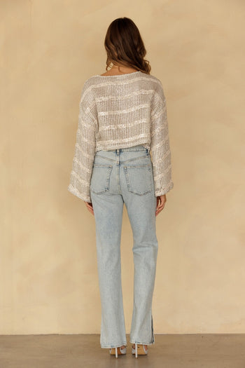 Storia Sequin Stripe Open Knit Top in Silver