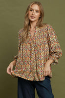 Umgee Boho Floral Medallion Print Split Neck Blouse in Light Grey Mix