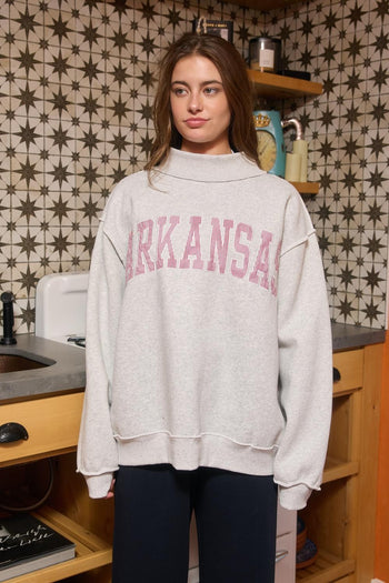 BucketList 'Arkansas' Embroidered Appliqué Sweatshirt in Heather Grey with Crimson Stripe
