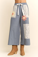 Davi & Dani Knit and Lace Pants with Flower Patches in Blue Multi