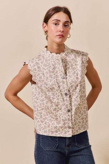 So Me Twill Floral Print Vest in Cream Multi