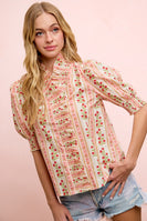 BiBi Floral Printed Ruffled Puff Sleeve Top in Red