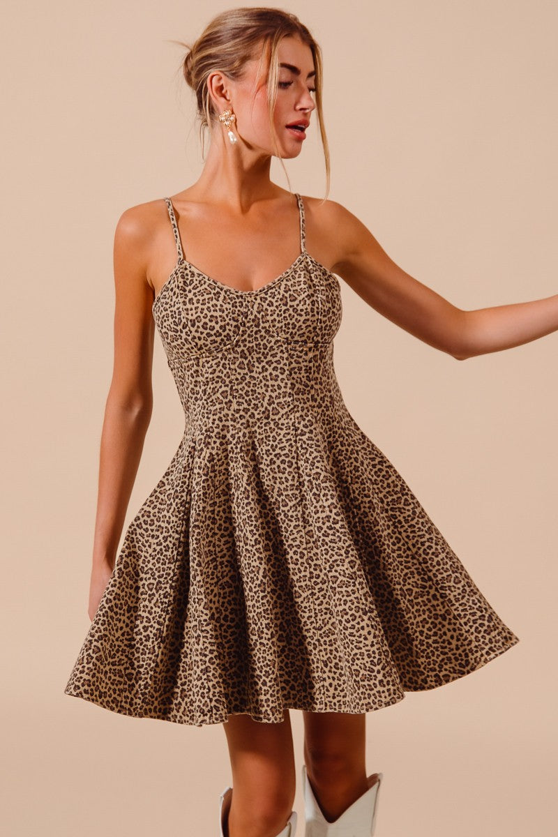 So Me A Line Fit and Flare Twill Mini Dress in Leopard M So Me A Line Fit and Flare Twill Mini Dress in Leopard M
