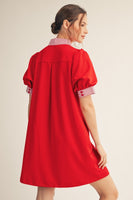 Jodifl Solid Color Shift Dress with Striped Accents in Red